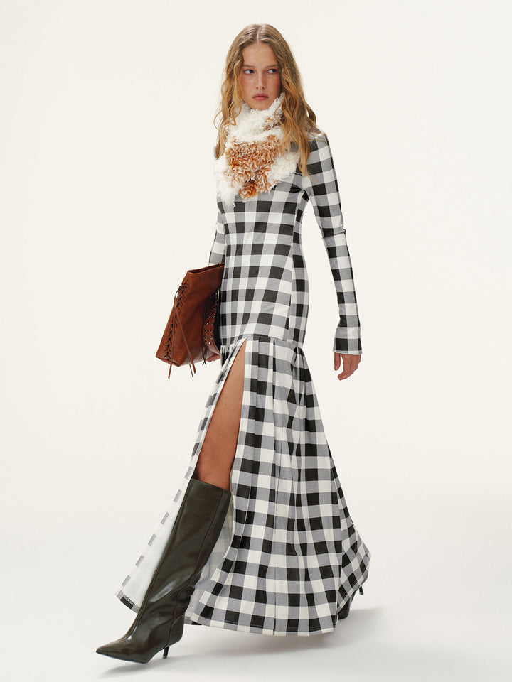 Plaid Turtleneck Long Sleeve Slit Maxi Dress