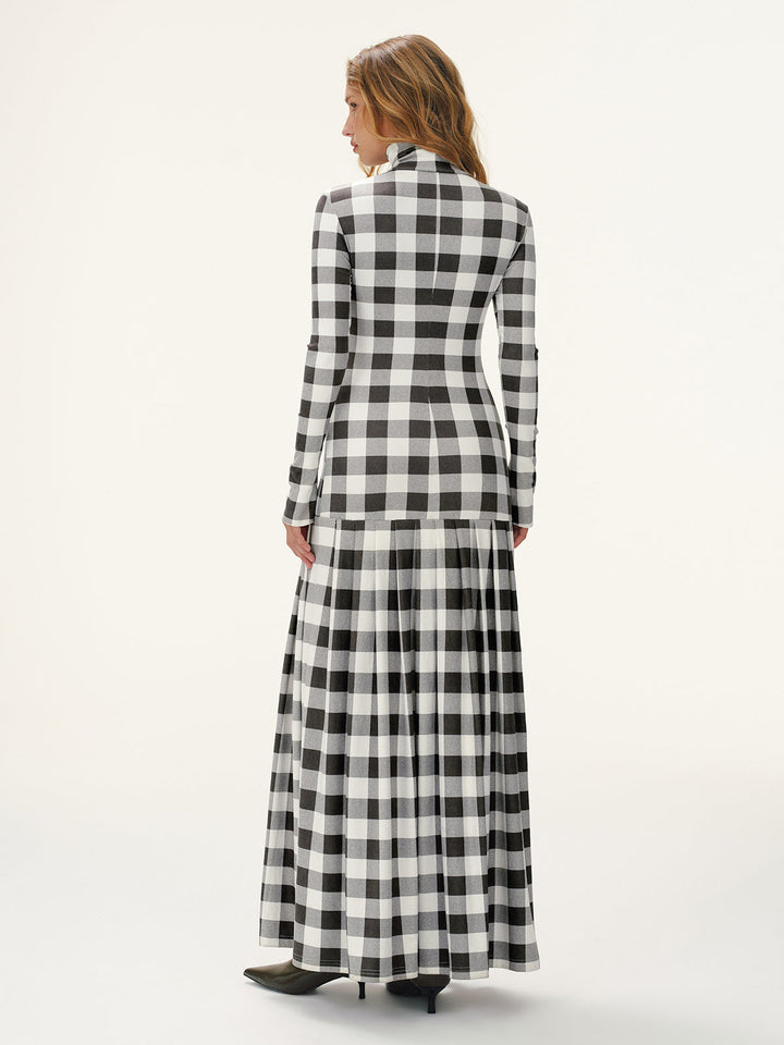 Plaid Turtleneck Long Sleeve Slit Maxi Dress
