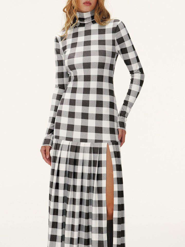 Plaid Turtleneck Long Sleeve Slit Maxi Dress