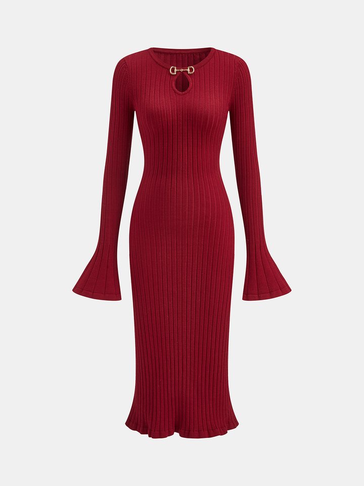 Bell Sleeve Mermaid Hem Horsebit Knit Midi Dress