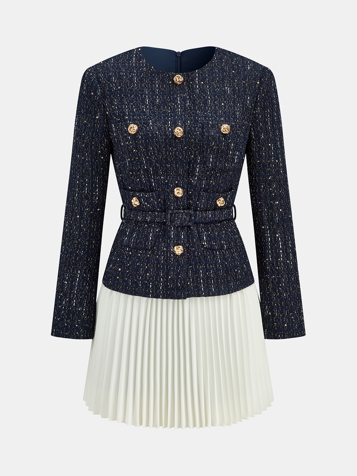 Pleated Hem Panel Tweed Belted Mini Dress