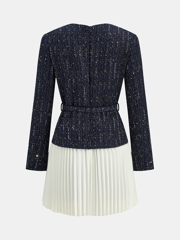 Pleated Hem Panel Tweed Belted Mini Dress