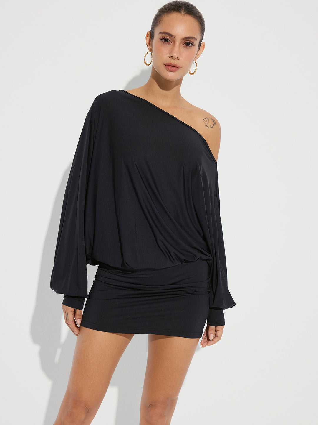 One-Shoulder Ruched Long Sleeve Mini Dress