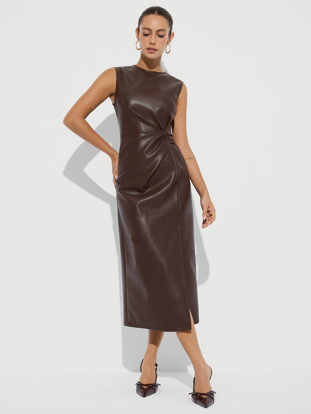 Twisted Faux Leather Sleeveless Slit Midi Dress