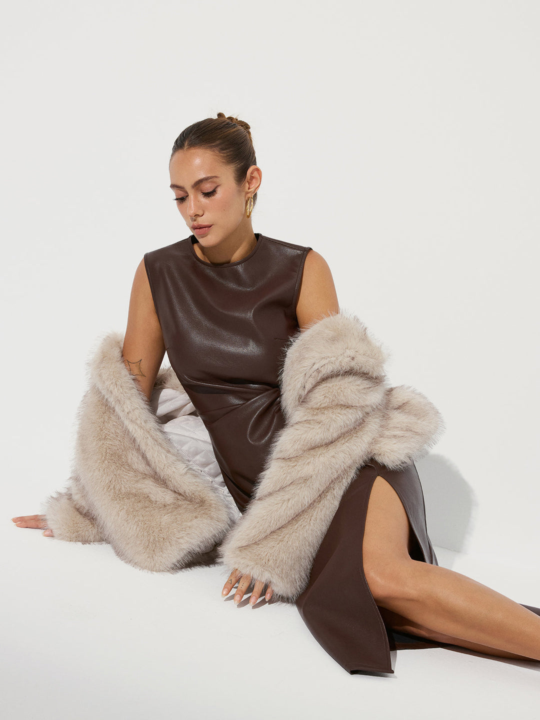 Twisted Faux Leather Sleeveless Slit Midi Dress