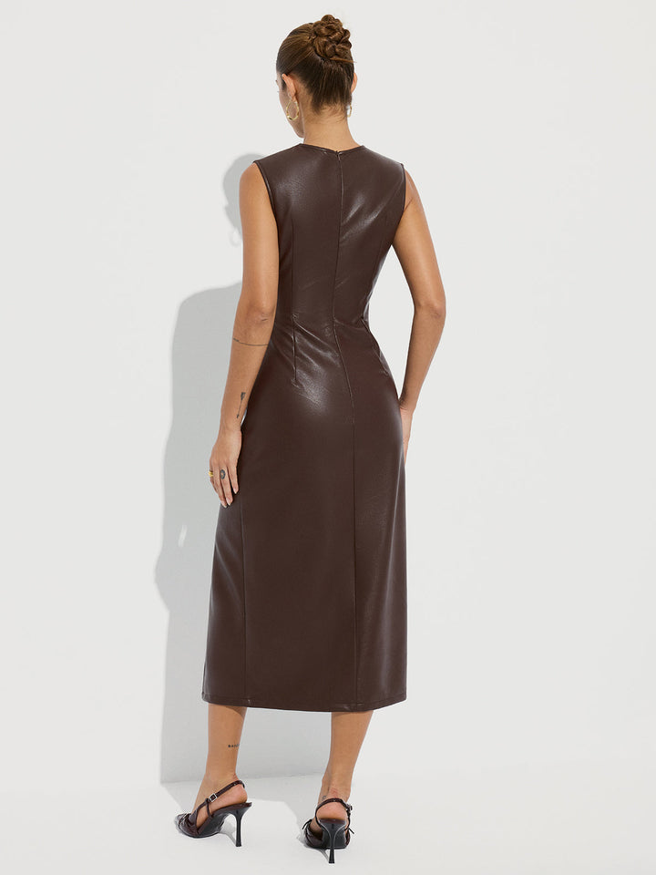 Twisted Faux Leather Sleeveless Slit Midi Dress