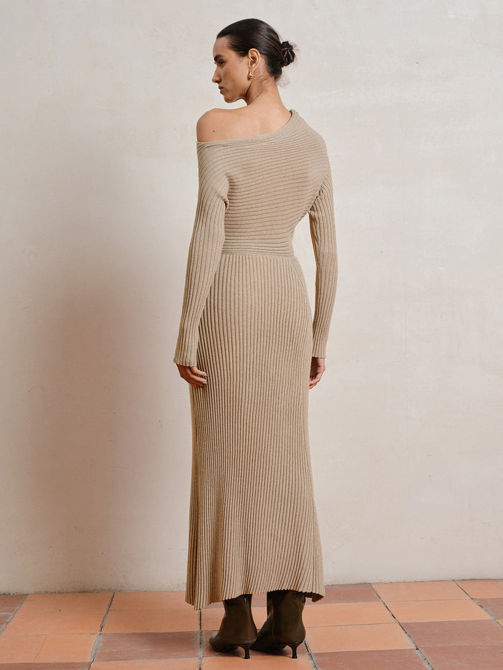 Wool-Blend Slit Knit Maxi Dress without Belt