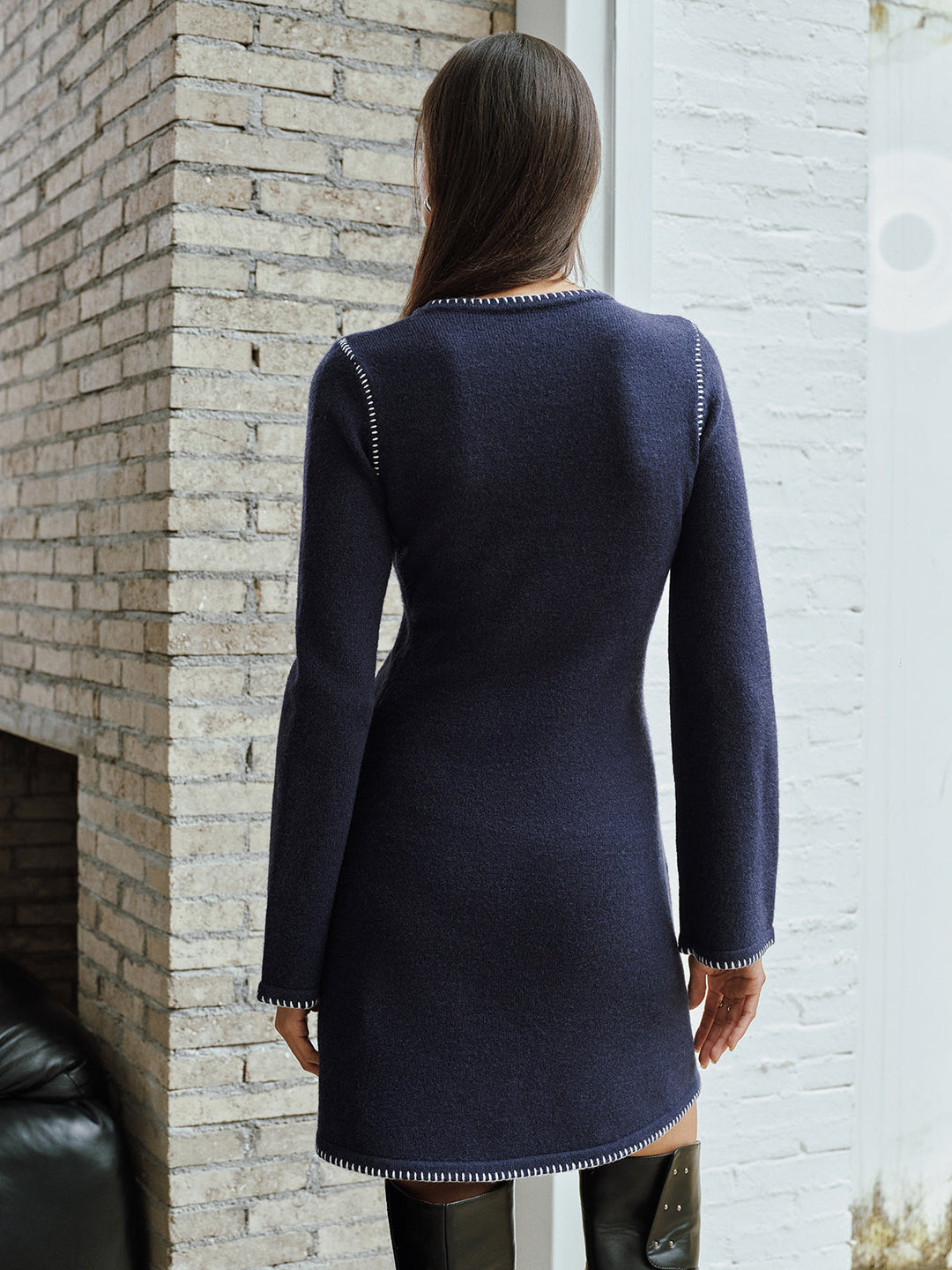 Contrast Stitched Knit Mini Dress