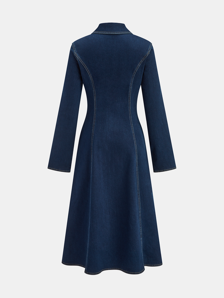 Metal Button Collared Denim Flare Dress