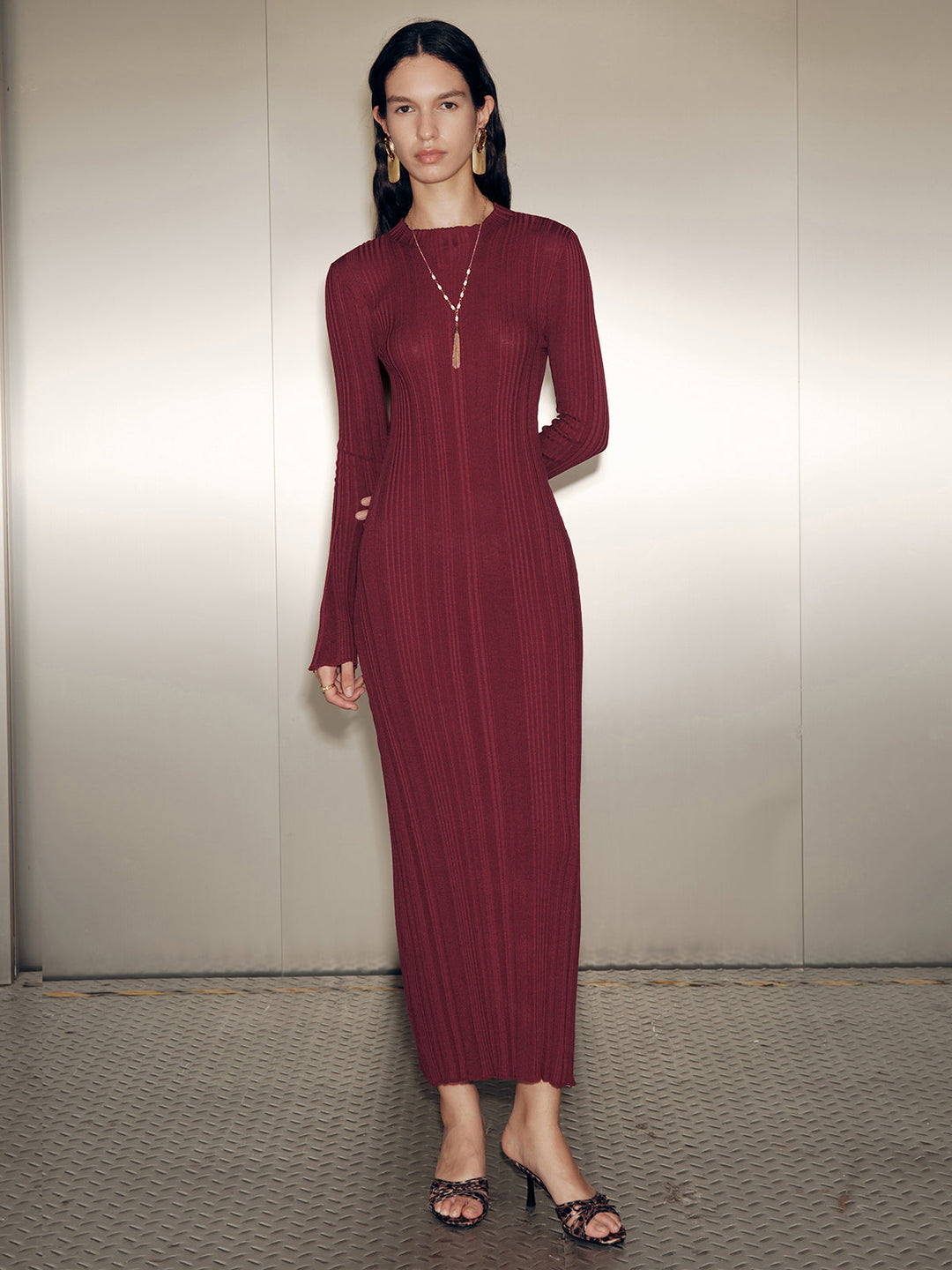 Slim-Fit Long Sleeve Knit Maxi Dress