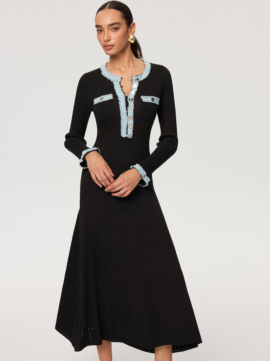 Denim Panel Knit Maxi Dress