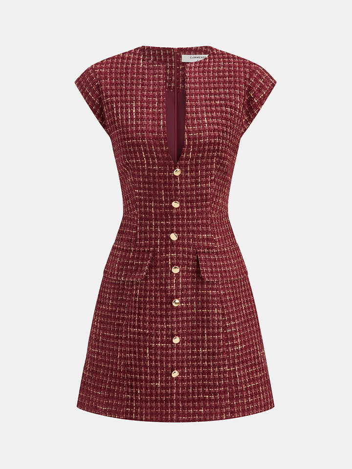 Metal Button Tweed Sleeveless Mini Dress