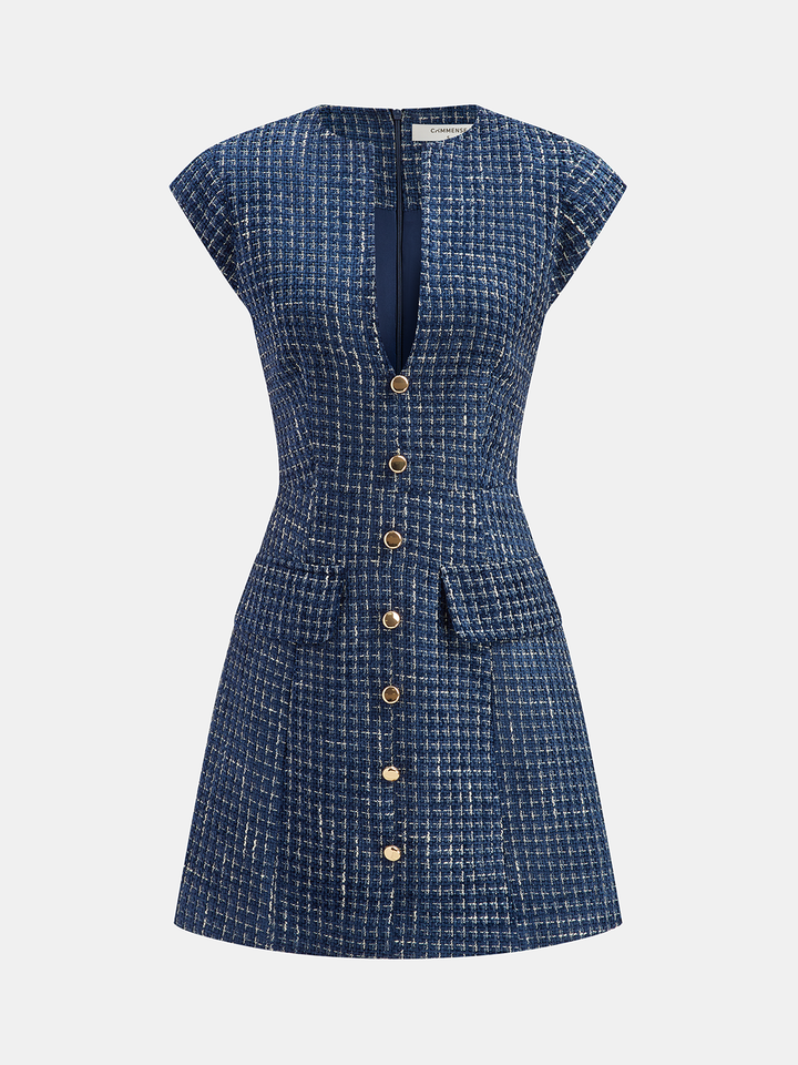 Metal Button Tweed Sleeveless Mini Dress