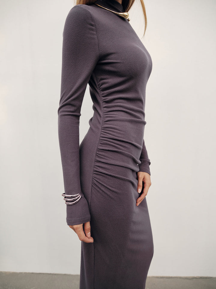 Long Sleeve Ribbed Ruched Maxi Dress