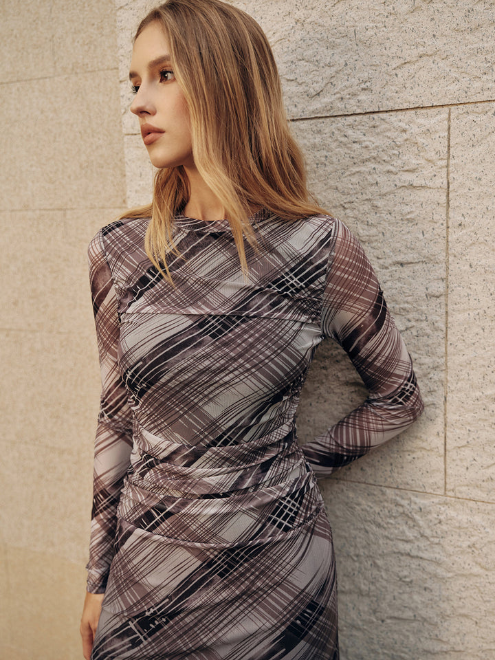 Long Sleeve Plaid Mesh Ruched Maxi Dress