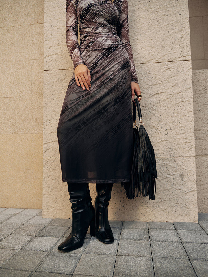 Long Sleeve Plaid Mesh Ruched Maxi Dress