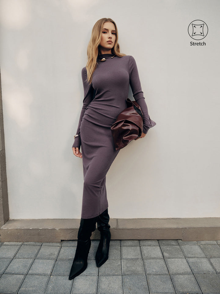 Long Sleeve Ribbed Ruched Maxi Dress
