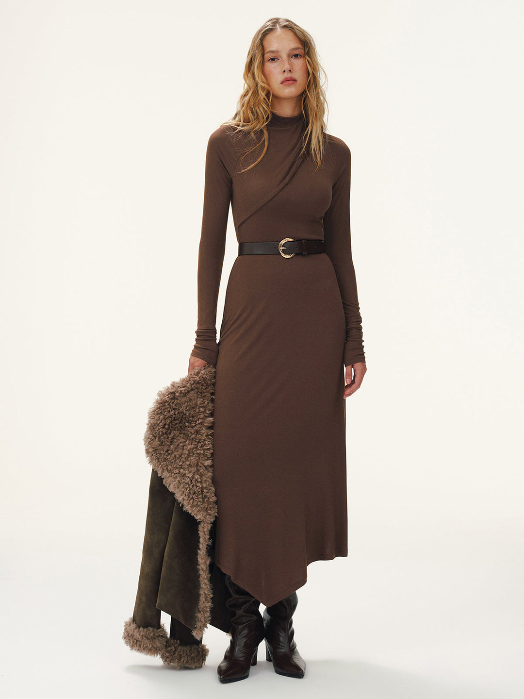 Belted Turtleneck Asymmetric Maxi Dress