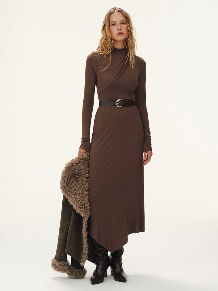 Belted Turtleneck Asymmetric Maxi Dress