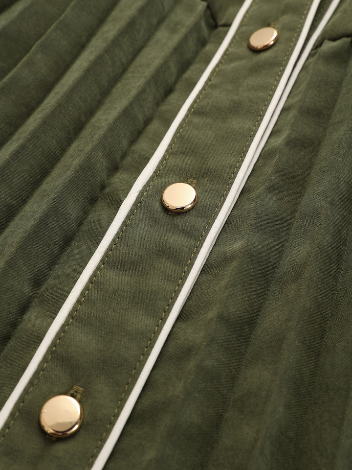 Contrast Piping Pleated Shirt Dress