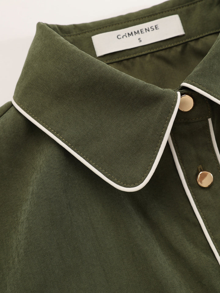 Contrast Piping Pleated Shirt Dress