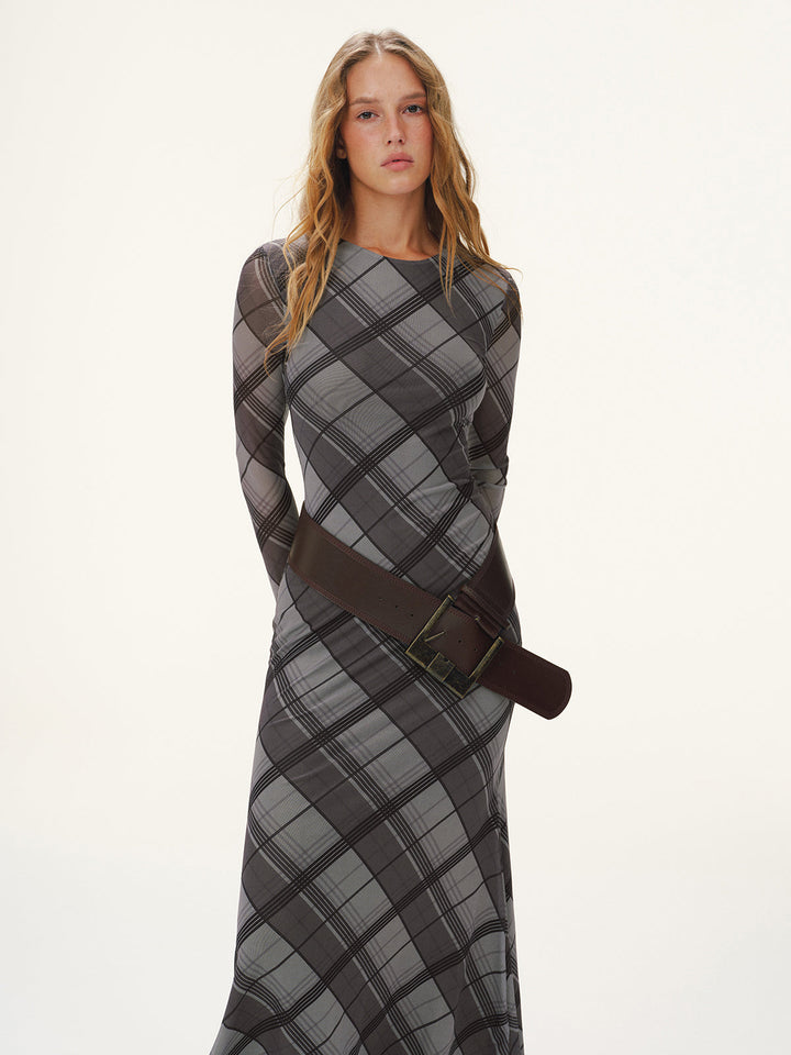 Plaid Mesh Long Sleeve Maxi Dress without Belt