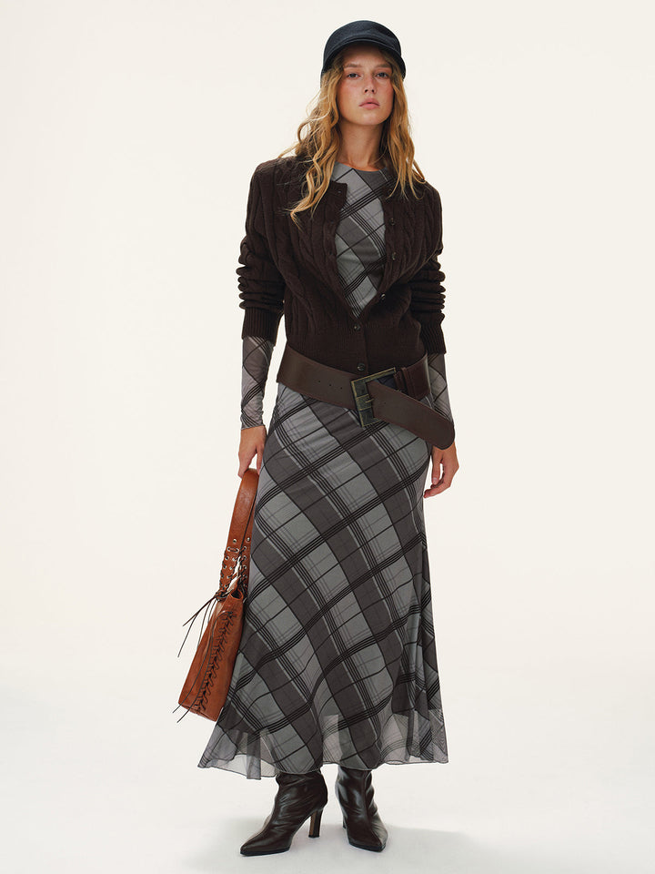 Plaid Mesh Long Sleeve Maxi Dress without Belt