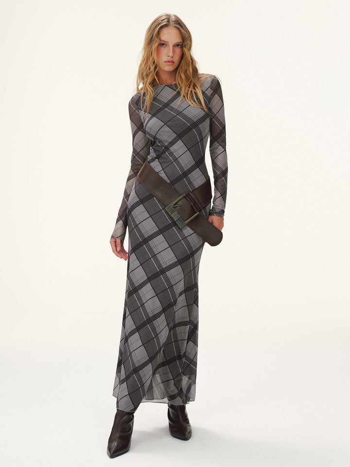 Plaid Mesh Long Sleeve Maxi Dress without Belt