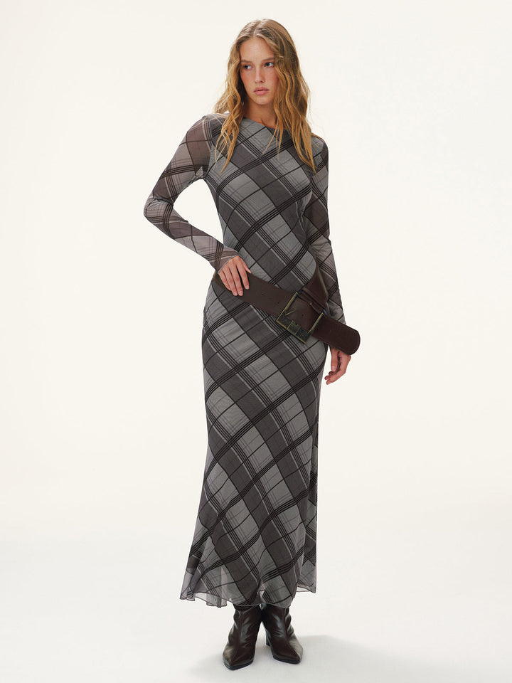 Plaid Mesh Long Sleeve Maxi Dress without Belt