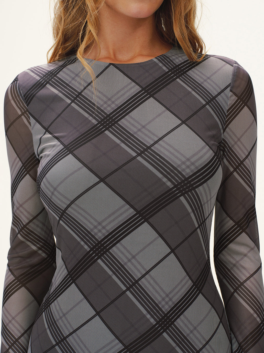 Plaid Mesh Long Sleeve Maxi Dress without Belt