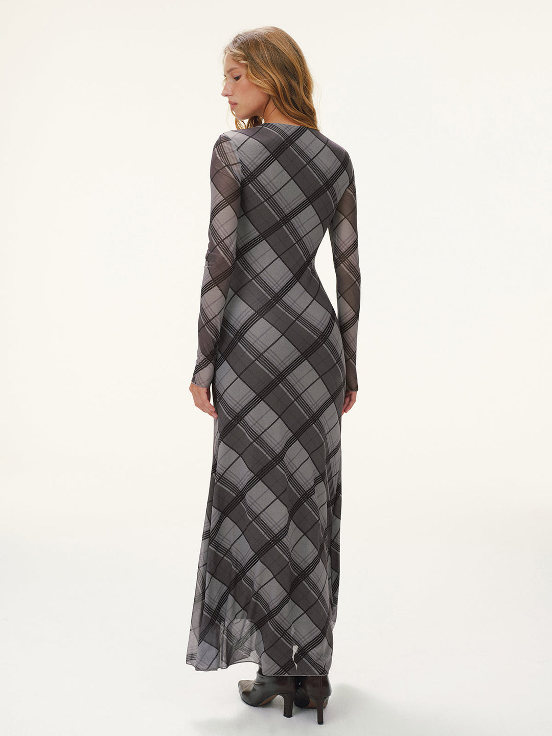 Plaid Mesh Long Sleeve Maxi Dress without Belt
