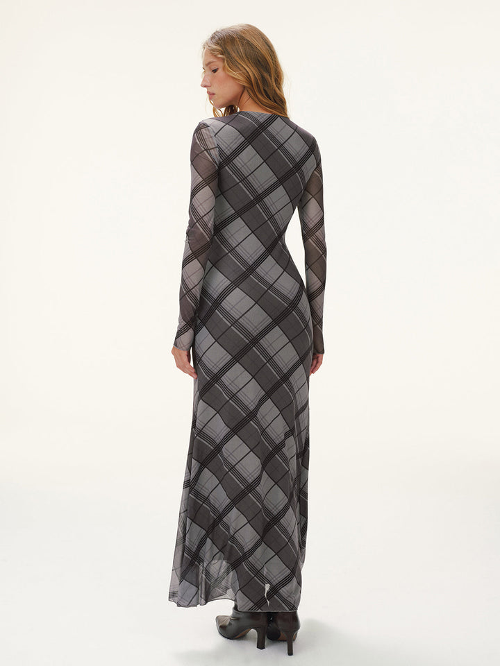 Plaid Mesh Long Sleeve Maxi Dress without Belt