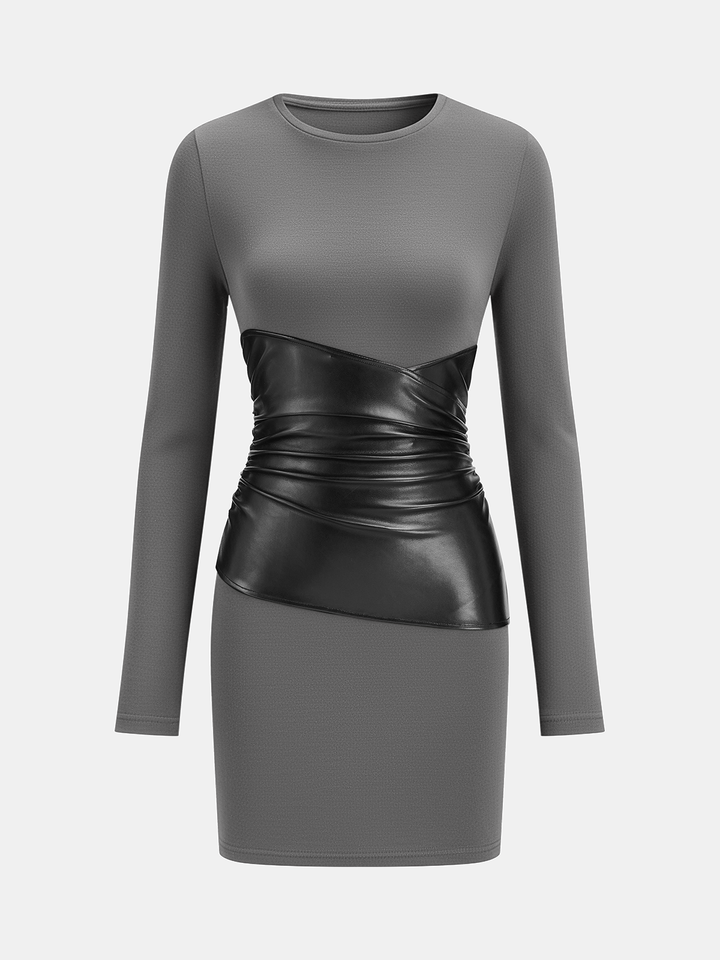 PU Leather Panel Long Sleeve Knit Dress