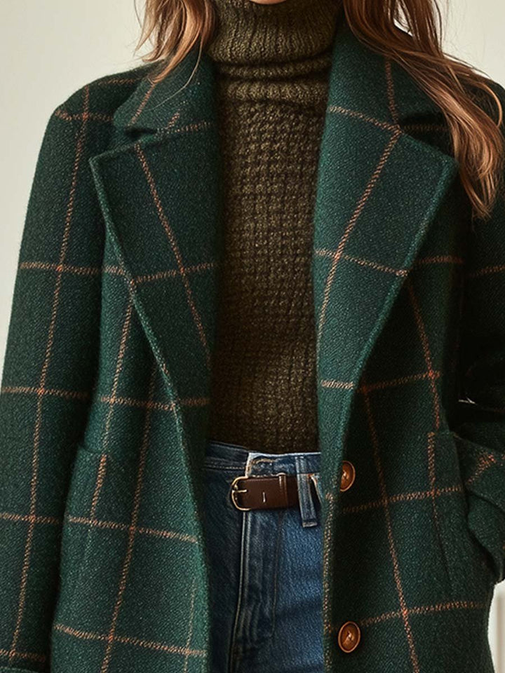 Women's Retro Lapel Plaid Tweed-Coat